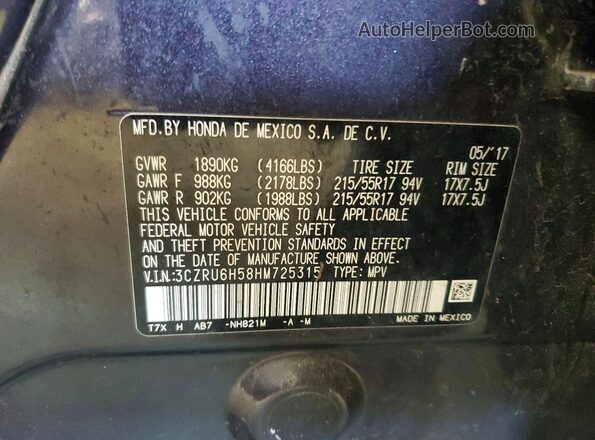 3CZRU6H58HM725315 2017 HONDA HR-V Charcoal Widok naklejki z numerem VIN