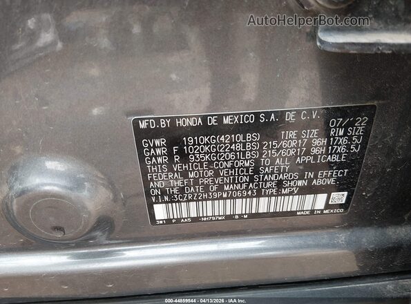 3CZRZ2H39PM706943 2023 HONDA HR-V Серый Вид подкапотного пространства