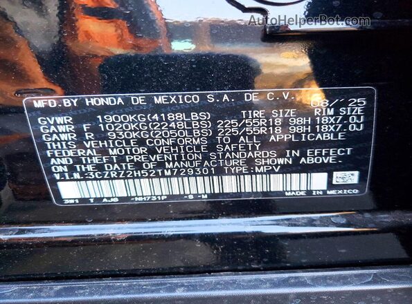 3CZRZ2H52TM729301 2026 HONDA HR-V Black Vista de la etiqueta del VIN