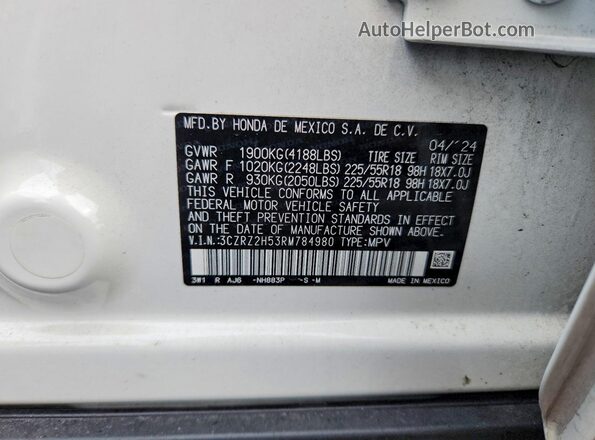 3CZRZ2H53RM784980 2024 HONDA HR-V Белый Вид наклейки с VIN-кодом