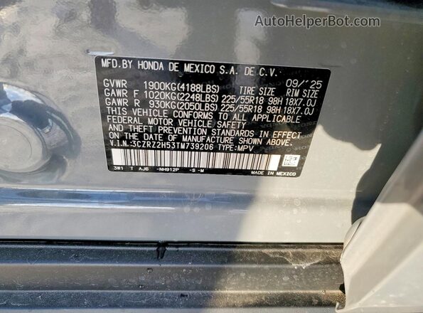 3CZRZ2H53TM739206 2026 HONDA HR-V Gray Vista de la etiqueta del VIN