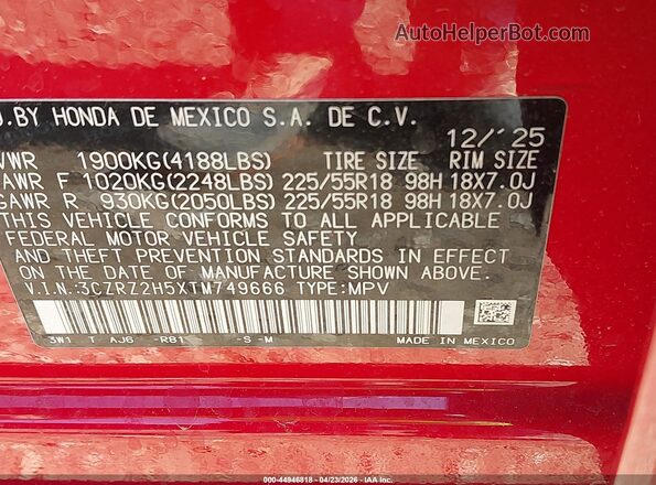 3CZRZ2H5XTM749666 2026 HONDA HR-V Red Vista del compartimento del motor