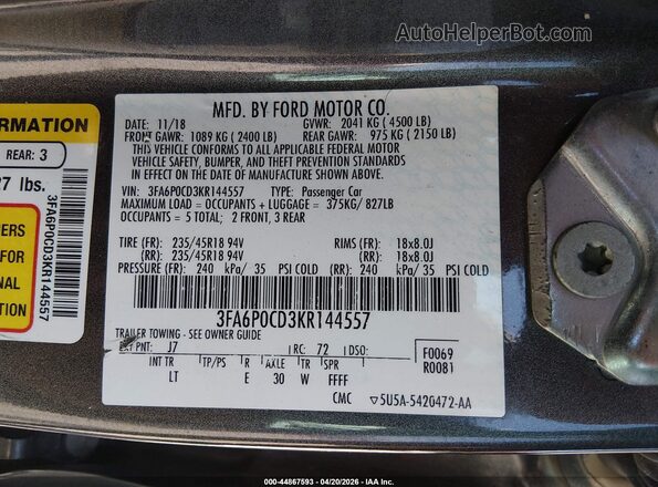 3FA6P0CD3KR144557 2019 FORD FUSION Серый Вид подкапотного пространства