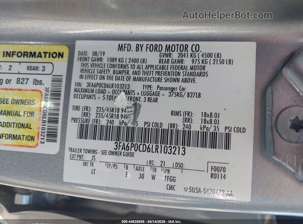 3FA6P0CD6LR103213 2020 FORD FUSION Серебряный Вид подкапотного пространства