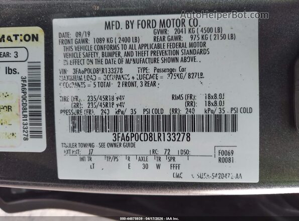 3FA6P0CD8LR133278 2020 FORD FUSION Gray Widok komory silnika