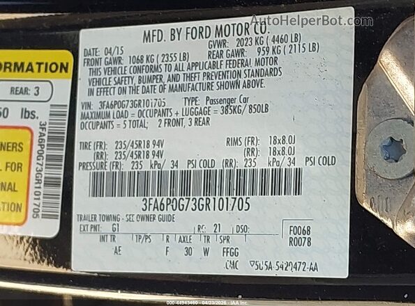3FA6P0G73GR101705 2016 FORD FUSION Black Engine compartment view