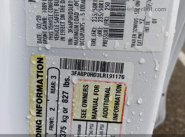 3FA6P0HD3LR191176 2020 FORD FUSION White 