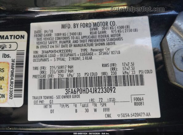 3FA6P0HD4JR233092 2018 FORD FUSION Черный Вид подкапотного пространства