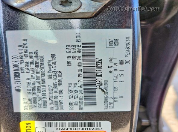 3FA6P0LU7JR102357 2018 FORD FUSION Серый Вид наклейки с VIN-кодом