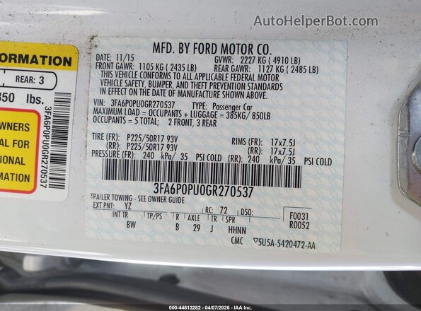3FA6P0PU0GR270537 2016 FORD FUSION ENERGI Белый Вид подкапотного пространства
