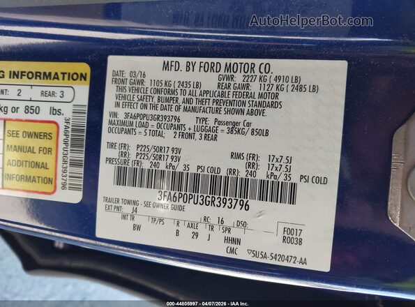 3FA6P0PU3GR393796 2016 FORD FUSION ENERGI Синий Вид подкапотного пространства