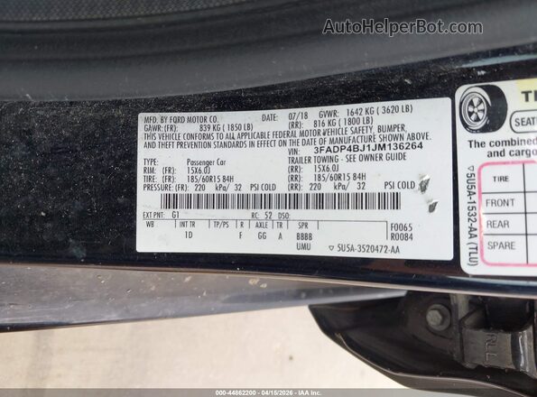3FADP4BJ1JM136264 2018 FORD FIESTA Черный Вид подкапотного пространства