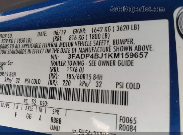 3FADP4BJ1KM159657 2019 FORD FIESTA Blue Vista del compartimento del motor