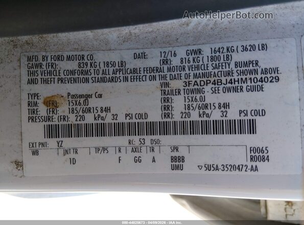 3FADP4BJ4HM104029 2017 FORD FIESTA White Вид підкапотного простору
