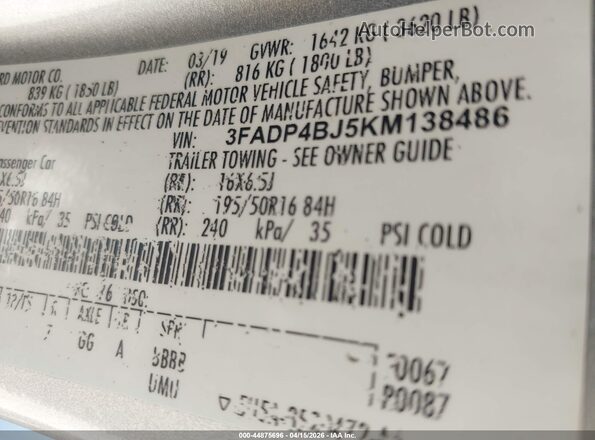 3FADP4BJ5KM138486 2019 FORD FIESTA Серебряный Вид подкапотного пространства