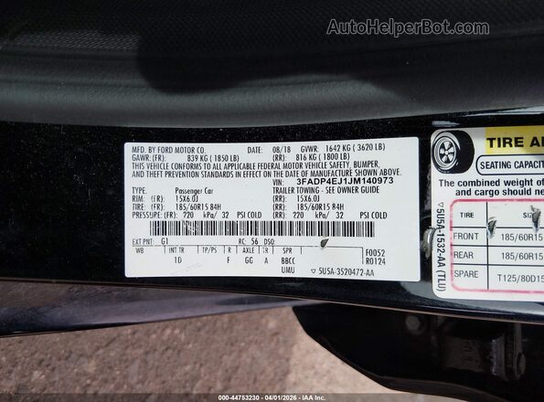 3FADP4EJ1JM140973 2018 FORD FIESTA Черный Вид подкапотного пространства