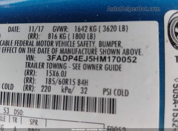 3FADP4EJ5HM170052 2017 FORD FIESTA Blue Widok komory silnika