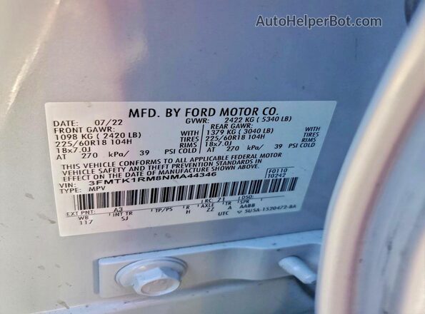 3FMTK1RM8NMA44346 2022 FORD MUSTANG Gray Widok naklejki z numerem VIN