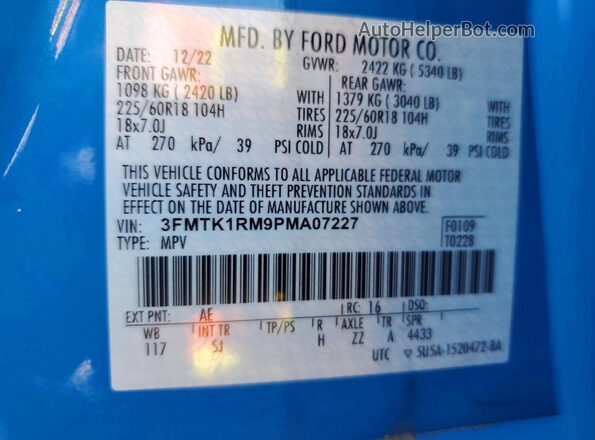 3FMTK1RM9PMA07227 2023 FORD MUSTANG Blue VIN sticker view