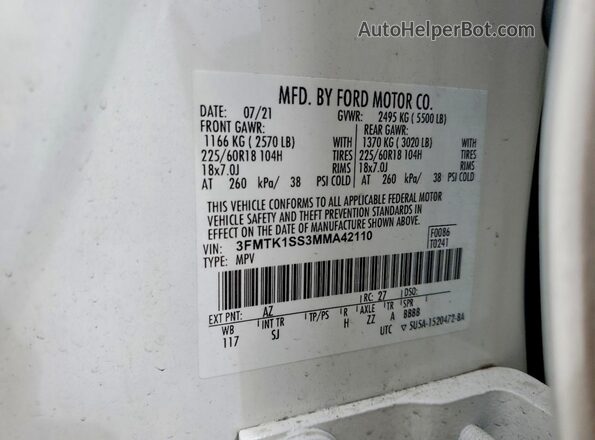 3FMTK1SS3MMA42110 2021 FORD MUSTANG White VIN კოდის სტიკერის ხედი