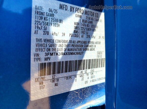 3FMTK3R4XSMA36627 2025 FORD MUSTANG MACH-E PREMI Blue Vista de la etiqueta del VIN