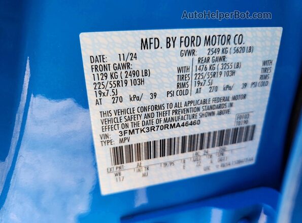 3FMTK3R70RMA46460 2024 FORD MUSTANG MACH-E PREMI Синий Вид наклейки с VIN-кодом