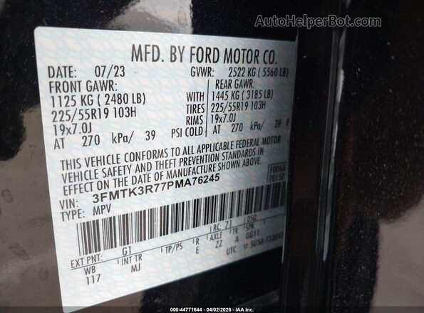 3FMTK3R77PMA76245 2023 FORD MUSTANG MACH-E PREMI Black Vista del compartimento del motor