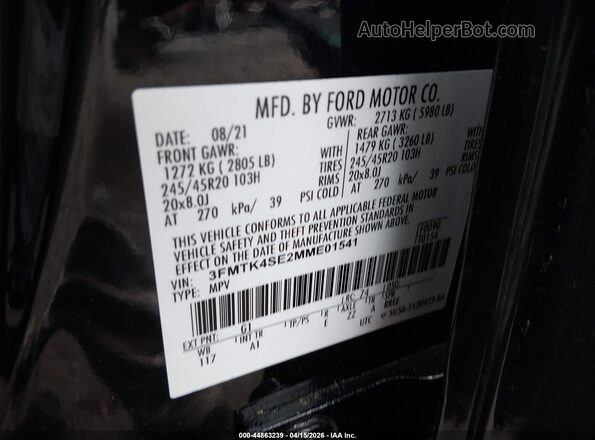 3FMTK4SE2MME01541 2021 FORD MUSTANG MACH-E Черный Вид подкапотного пространства