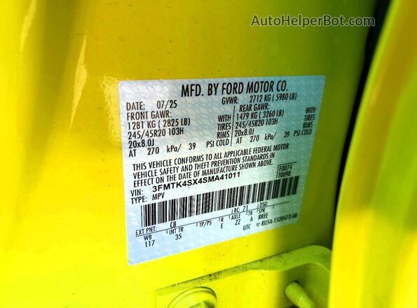 3FMTK4SX4SMA41011 2025 FORD MUSTANG Yellow Widok naklejki z numerem VIN