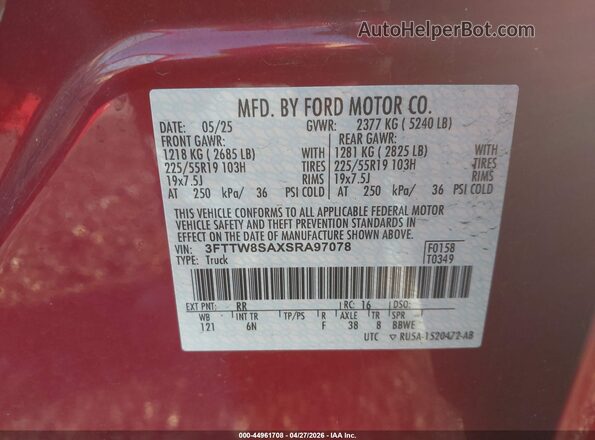 3FTTW8SAXSRA97078 2025 FORD MAVERICK Burgundy Vista del compartimento del motor
