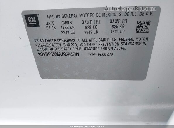 3G1BE6SM6JS594741 2018 CHEVROLET CRUZE Белый Вид подкапотного пространства