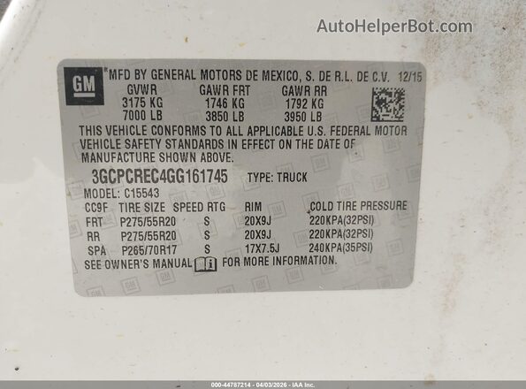 3GCPCREC4GG161745 2016 CHEVROLET SILVERADO White ძრავის განყოფილების ხედი