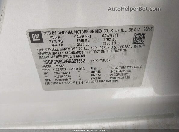 3GCPCREC6GG327652 2016 CHEVROLET SILVERADO Silver Widok komory silnika