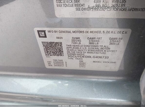 3GCUYDED0LG436733 2020 CHEVROLET SILVERADO Gray ძრავის განყოფილების ხედი