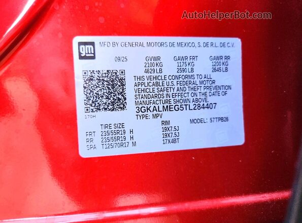 3GKALMEG5TL284407 2026 GMC TERRAIN Burgundy Vista de la etiqueta del VIN