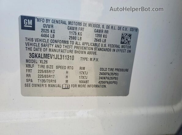 3GKALMEV1JL311310 2018 GMC TERRAIN Белый Вид наклейки с VIN-кодом