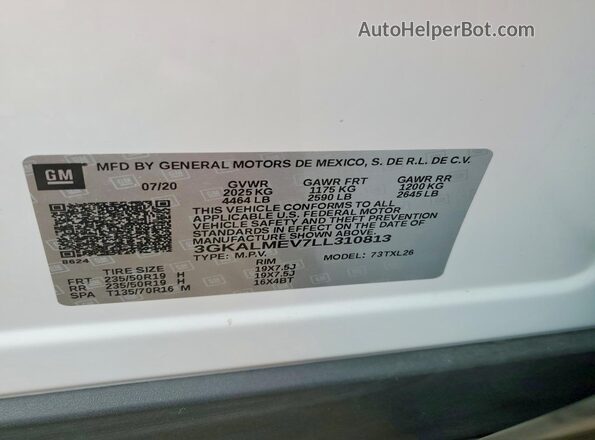 3GKALMEV7LL310813 2020 GMC TERRAIN White Вид наклейки з VIN-кодом