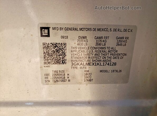 3GKALMEX1KL174128 2019 GMC TERRAIN Серебряный Вид наклейки с VIN-кодом