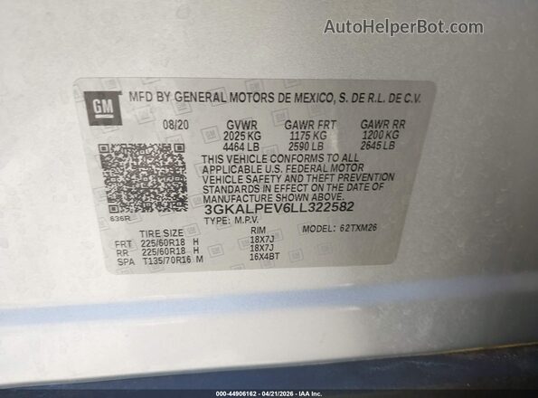 3GKALPEV6LL322582 2020 GMC TERRAIN Серебряный Вид подкапотного пространства