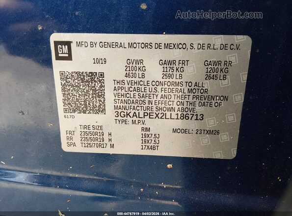 3GKALPEX2LL186713 2020 GMC TERRAIN Blue Շարժիչի բաժամունքի տեսք