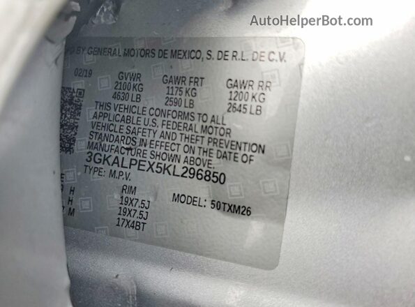 3GKALPEX5KL296850 2019 GMC TERRAIN Silver Widok naklejki z numerem VIN