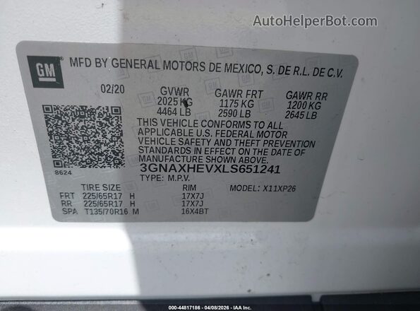 3GNAXHEVXLS651241 2020 CHEVROLET EQUINOX White Widok komory silnika