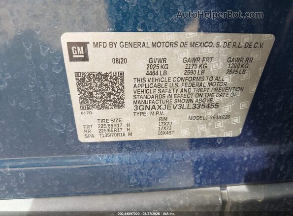 3GNAXJEV3LL335455 2020 CHEVROLET EQUINOX Синий Вид подкапотного пространства