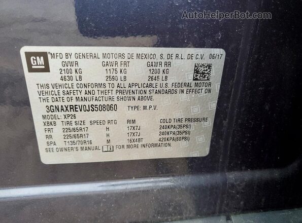 3GNAXREV0JS508060 2018 CHEVROLET EQUINOX Blue VIN կոդի պիտակի տեսք