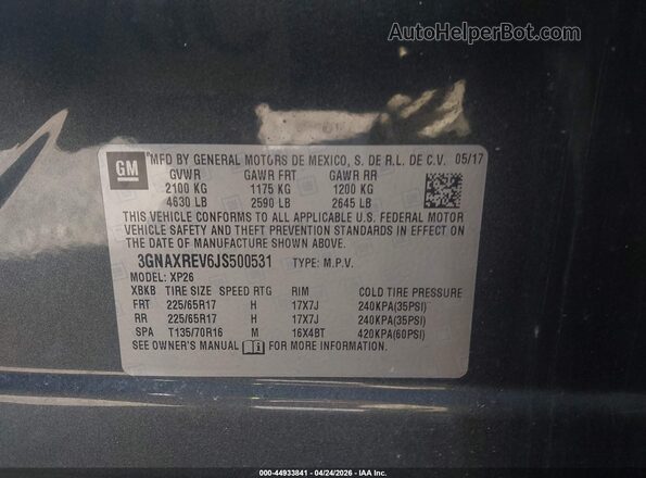 3GNAXREV6JS500531 2018 CHEVROLET EQUINOX Gray Widok komory silnika