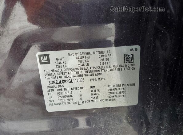 3GNCJLSB3GL117683 2016 CHEVROLET TRAX Gray Vista de la etiqueta del VIN