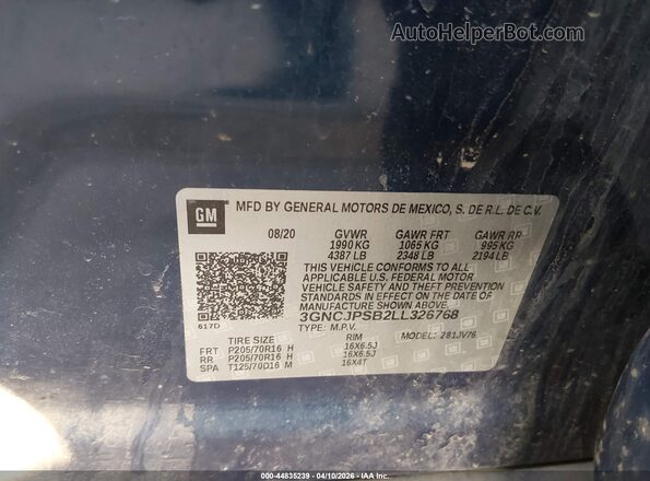 3GNCJPSB2LL326768 2020 CHEVROLET TRAX Blue Widok komory silnika