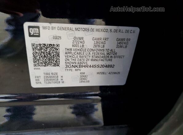 3GNKBHR44SS204892 2025 CHEVROLET BLAZER Черный Вид наклейки с VIN-кодом