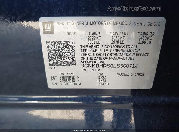 3GNKBHRS6LS560714 2020 CHEVROLET BLAZER Синий Вид подкапотного пространства