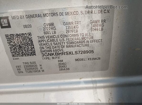 3GNKBHRSXLS728905 2020 CHEVROLET BLAZER Серебряный Вид подкапотного пространства